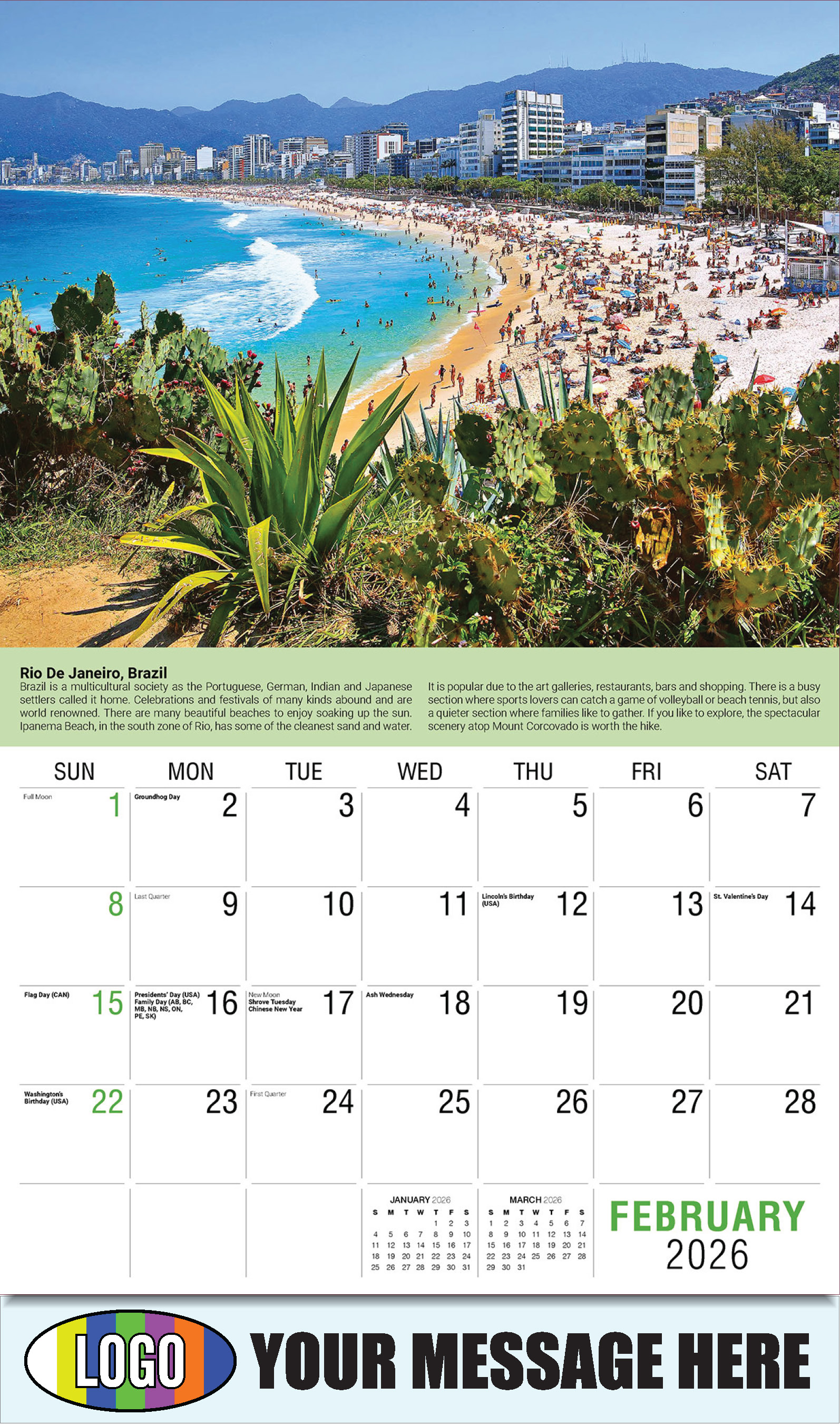 2026 Business Promotional Calendar - World Travel Destinations  - February - Rio De Janeiro, Brazil 